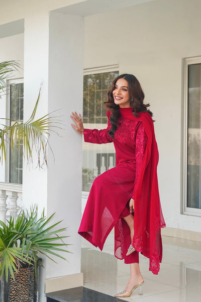Deep Red Rosemary Embroidered Lawn